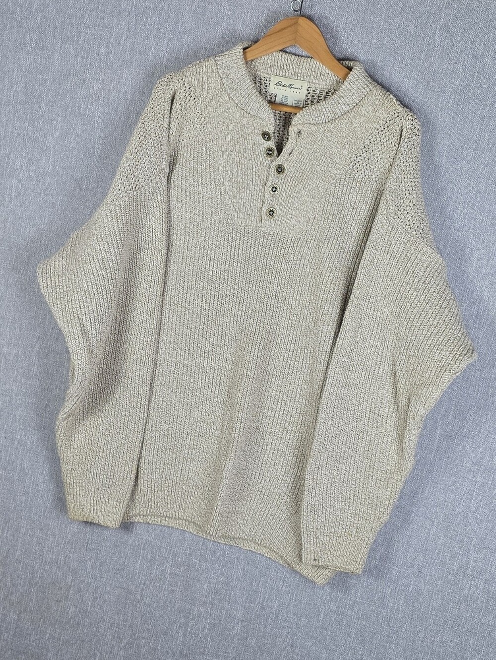 Vtg Eddie Bauer Cream 100% Cotton 1/4 Button Crewneck Sweater Sz XLT U.S.A.